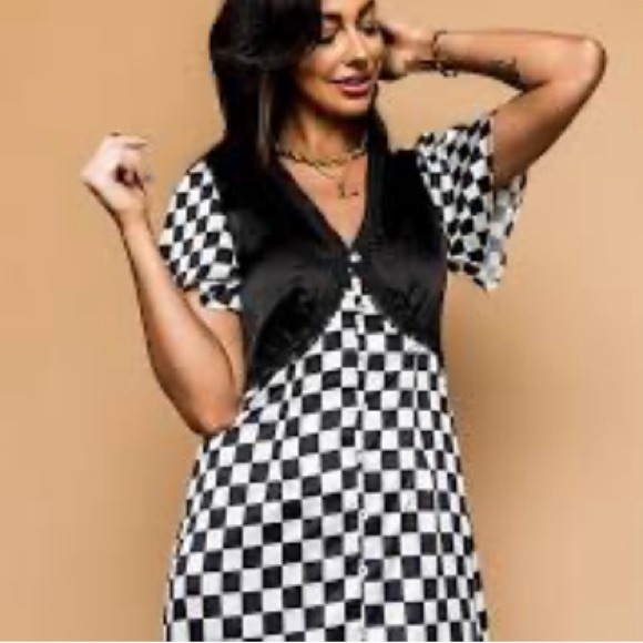 Dressed in LALA No Risk No Magic Maxi Dress Size L Checkerboard Satin Rockabilly - Picture 2 of 13